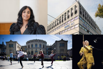 Foto øverst til venstre: kulturminister Lubna Jaffery, foto: Foto: Ilja C. Hendel/KUD. Øverst til høyre: Høyres Hus. Nederst til venstre: Dansere: Solveig Hårdnes, Vilde E. Westeng, Sigurd Johan Heide, Ånund Myhren, Anne Heidi Kvam Hillestad og Rannveig Øygardslia. Dansens Dager 2025. Foto: Sigrun Drivdal Johnsen / Danseinformasjonen. Foto nederst til høyre: Triggersystemet (på bildet: Bjørn Sundquist) vant Heddapris for beste forestilling. Men Transiteatret er ett av flere kompanier som er truet pga foreslåtte kutt til Kulturrådet.. Foto: Festspillene i Nord-Norge.