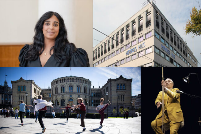 Foto øverst til venstre: kulturminister Lubna Jaffery, foto: Foto: Ilja C. Hendel/KUD. Øverst til høyre: Høyres Hus. Nederst til venstre: Dansere: Solveig Hårdnes, Vilde E. Westeng, Sigurd Johan Heide, Ånund Myhren, Anne Heidi Kvam Hillestad og Rannveig Øygardslia. Dansens Dager 2025. Foto: Sigrun Drivdal Johnsen / Danseinformasjonen. Foto nederst til høyre: Triggersystemet (på bildet: Bjørn Sundquist) vant Heddapris for beste forestilling. Men Transiteatret er ett av flere kompanier som er truet pga foreslåtte kutt til Kulturrådet.. Foto: Festspillene i Nord-Norge.