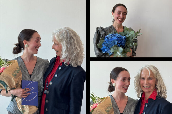 Edle Mustad og Antonia Harke under utdelingen på Kunsthøgskolen i Oslo den 12. juni 2025. Foto: Marianne Albers / Danseinformasjonen.
