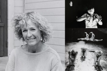 Til venstre: Lise Eger. På bildet øverst til høyre: Loan Tp Hoang i «Aniara» av Lise Eger/Imago Danseteater (1990/2001). Fotograf ukjent. På bildet nederst til høyre: Olga Papalexiou, Marit S. Ødegaard og Caroline Wahlstrom Nesse i forestillingen «Tunellen» av Lise Eger/Imago Danseteater (1992). Foto: Mona Gundersen.