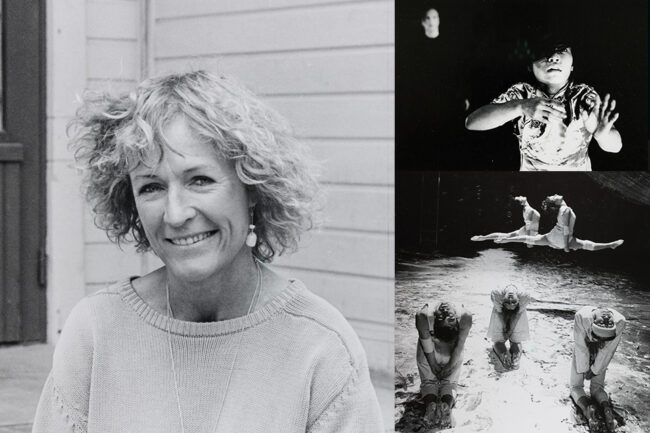 Til venstre: Lise Eger. På bildet øverst til høyre: Loan Tp Hoang i «Aniara» av Lise Eger/Imago Danseteater (1990/2001). Fotograf ukjent. På bildet nederst til høyre: Olga Papalexiou, Marit S. Ødegaard og Caroline Wahlstrom Nesse i forestillingen «Tunellen» av Lise Eger/Imago Danseteater (1992). Foto: Mona Gundersen.
