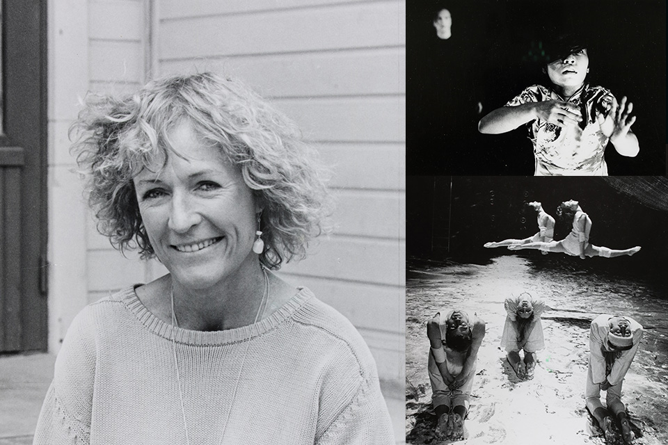 Til venstre: Lise Eger. På bildet øverst til høyre: Loan Tp Hoang i «Aniara» av Lise Eger/Imago Danseteater (1990/2001). Fotograf ukjent. På bildet nederst til høyre: Olga Papalexiou, Marit S. Ødegaard og Caroline Wahlstrom Nesse i forestillingen «Tunellen» av Lise Eger/Imago Danseteater (1992). Foto: Mona Gundersen.