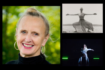 Nina Lill Svendsen. Portrettfoto: Ken Ronny Thomassen. Foto øverst til høyre: fra «Ubesvarte spørsmål» (1982) av Inger Buresund. Danser i foto: Nina Lill Svendsen. Fotograf: Mona Gundersen. Foto nederst til høyre: Foto: Nina Lill Svendsen og Stian Danielsen. Fotograf: Elin Terese Osjord
