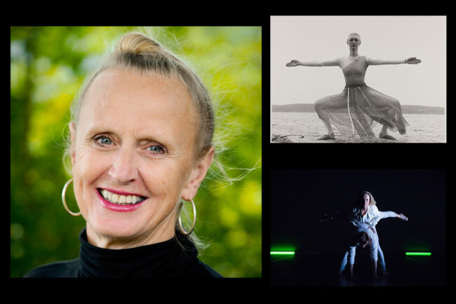 Nina Lill Svendsen. Portrettfoto: Ken Ronny Thomassen. Foto øverst til høyre: fra «Ubesvarte spørsmål» (1982) av Inger Buresund. Danser i foto: Nina Lill Svendsen. Fotograf: Mona Gundersen. Foto nederst til høyre: Foto: Nina Lill Svendsen og Stian Danielsen. Fotograf: Elin Terese Osjord