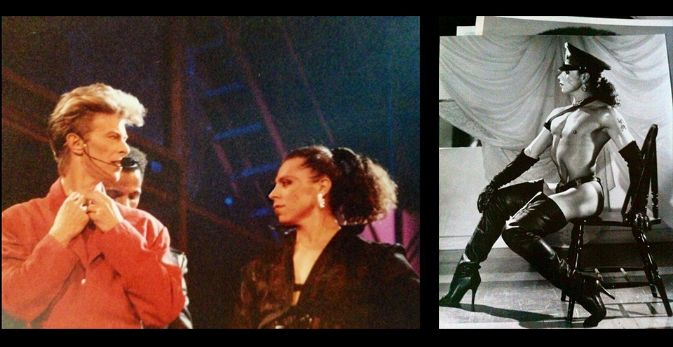 Left: David Bowie & Viktor Manoel during rehearsal in 1987 Right: Viktor expressing gender savage — “My art is savage. My art is gender savage.”